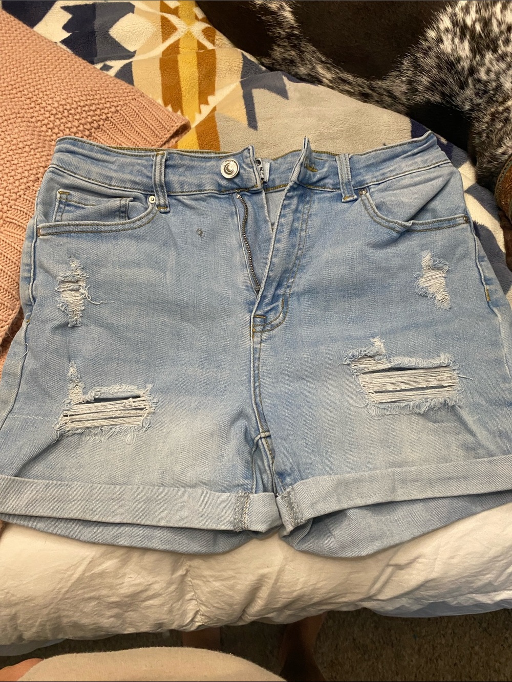 Wax Jean Light Blue Ripped Roll-Hem Denim Shorts